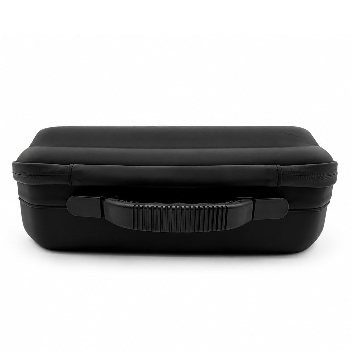 A black hard-shell carrying case with a padded lid and a ribbed handle, photographed against a plain white background.