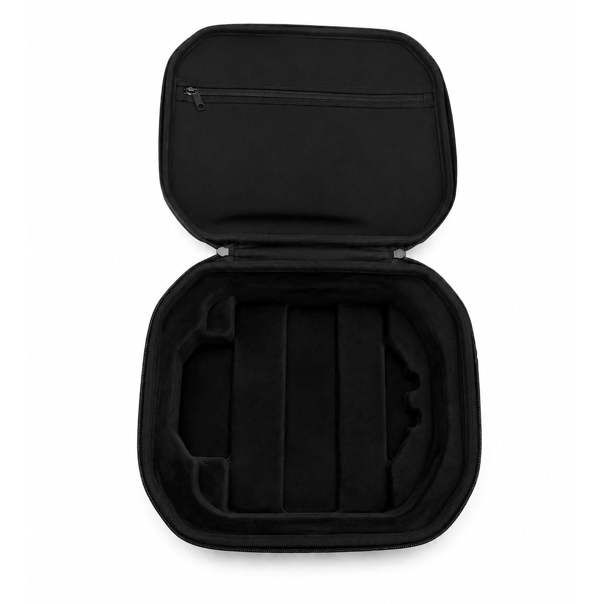 An open black hard-shell protective carrying case with a zippered lid and molded interior compartments, shown on a plain white background.