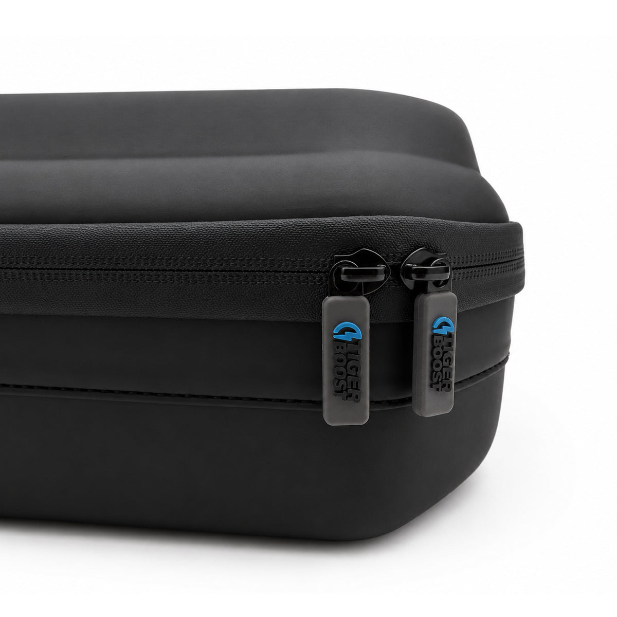 A close-up of a black protective hard case with dual zippers, featuring gray zipper pulls with a blue logo and the text &